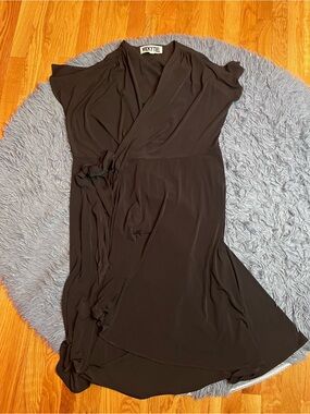 VICKY TIEL Black Full Wrap Jersey Knit Slinky Midi Dress Size XL